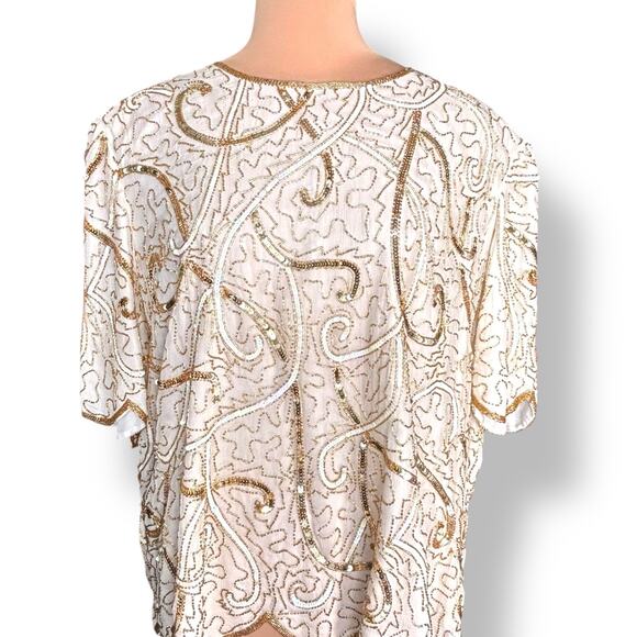 Vintage 90s Beaded Silk Top Metallic Sequin Gold White Evening Blouse Plus Size - Picture 12 of 13